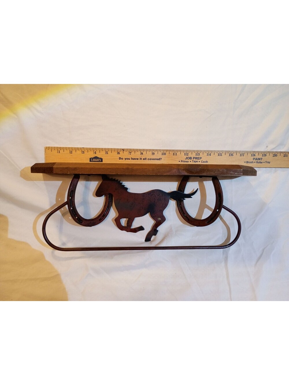 Rustic Wooden Wall Shelf with Running Horse and Horseshoe Design